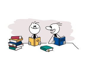 Doodle stick figure: Two men reading books. Hand drawn cartoon vector illustration for business and school design.