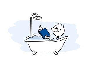 Doodle stick figure: Man taking bubbled bath and reading a book. Hand drawn cartoon vector illustration.