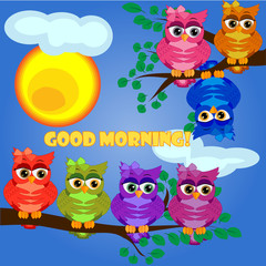 Cute coquettish owls with coffee sits on a tree decorated with garlands, balloons, postcard, cartoon children's style, spring. Inscription Good morning...