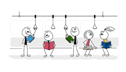 Doodle stick figure: People reading a books in train at the subway. Hand drawn cartoon vector illustration.