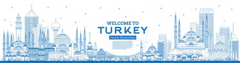 Outline Welcome to Turkey Skyline with Blue Buildings. - obrazy, fototapety, plakaty