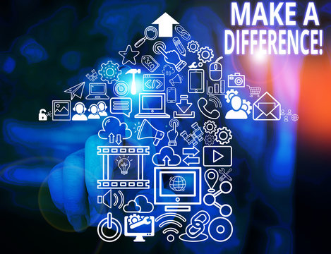 Conceptual hand writing showing Make A Difference. Concept meaning have significant effect or non on demonstrating or situation Woman wear work suit presenting presentation smart device