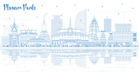 Outline Phnom Penh Cambodia City Skyline with Blue Buildings and Reflections.