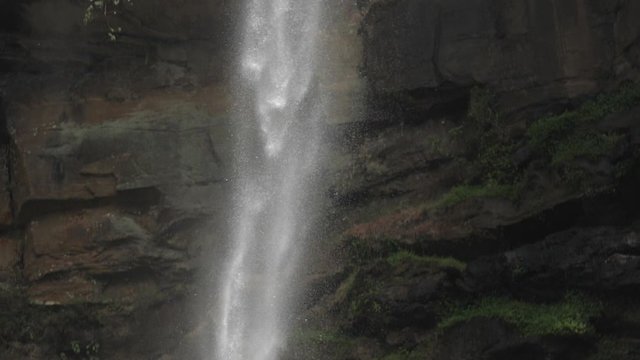 foaming water falls from brown rocky cliff at green tree under white sky slow motion. Concept mountainous area with spectacular scenery