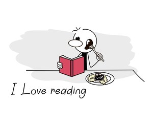 Doodle stick figure: Man reading book and eating. Hand drawn cartoon vector illustration for business and school design.