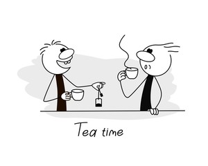 Doodle stick figure: Men drinking tea. Vector