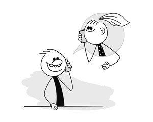 Doodle stick figure: Man and woman talking on the phone. Vector