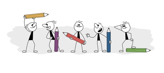 Naklejka premium Doodle stick figure: Pencils with little people. Doodle cute miniature scenes. Hand drawn cartoon vector illustration for business and school design.