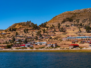 Houses and villages in Lake Titicaca Islands. Puno region, Peru.
