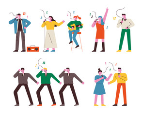 Fototapeta premium People singing, dancing and playing musical instruments. Song contest. flat design style minimal vector illustration.