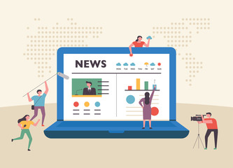 Internet news page on huge laptop screen and little people characters around. flat design style minimal vector illustration.