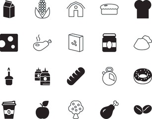 food vector icon set such as: native, structure, cute, sugar, animal, alarm, decaying, barn, door, time, gold, bone, sauce, rubbish, chefs, dough, religion, golden, doughnut, hole, paschal