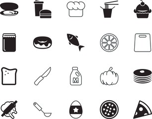 food vector icon set such as: travelling, person, domestic, lime, ornament, chinese, drop, shellfish, clean, vegetable, empty, adventure, half, pancake, seashell, cupcake, roll, production