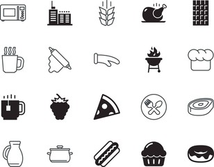 food vector icon set such as: new, agriculture, serve, pitcher, activity, nutrition, cylinder, growth, person, donuts, cacao, muffin, protective, chicken, wooden, spoon, jar, french, trip, steel