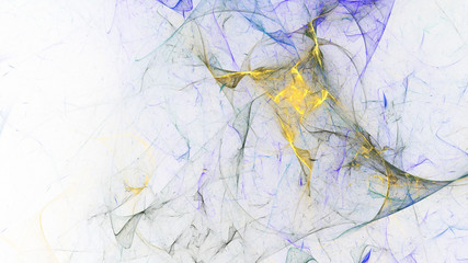 Abstract transparent gold and blue crystal shapes. Fantasy light background. Digital fractal art. 3d rendering.