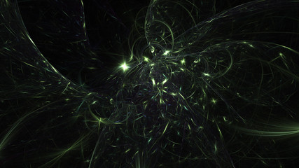 Abstract glowing green particles. Fantasy light background. Digital fractal art. 3d rendering.