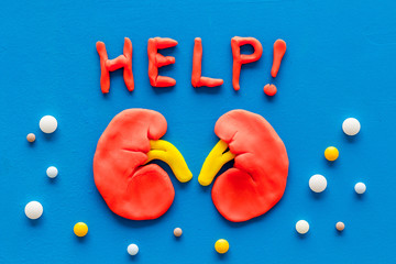 Kidney illness and treatment. Word help, organ, pills on blue background top view