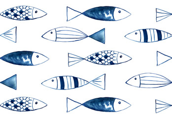 Seamless Pattern Watercolor Hand Drawn Abstract Blue Fishes Background.