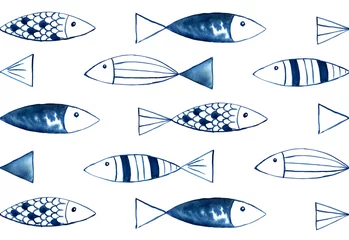 Aluminium Prints Sea animals Seamless Pattern Watercolor Hand Drawn Abstract Blue Fishes Background.