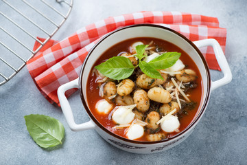 Potato gnocchi with tomato sauce, spinach, mozzarella and parmesan. Horizontal shot on a light-blue stone background, elevated view