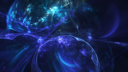 Abstract blue glowing shapes. Fantasy light background. Digital fractal art. 3d rendering.
