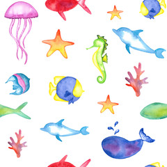 Seamless Kids Pattern. Colorful Watercolor Sea Animals on the White Background.