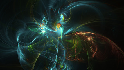 Abstract blue and gold glowing shapes. Fantasy light background. Digital fractal art. 3d rendering.