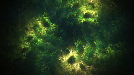 Fototapeta na wymiar Abstract green and yellow swirly shapes. Fantasy light background. Digital fractal art. 3d rendering.