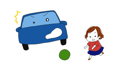 ボールを追いかけて車の前に飛び出してしまった子どものイラスト