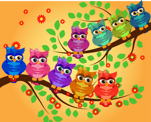 Obraz premium Four couples of owls sitting on branches. Nice elements for scrapbook, greeting cards, invitations, Valentine's cards etc.