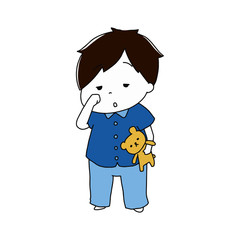 眠そうに眼をこすっているパジャマ姿の男の子