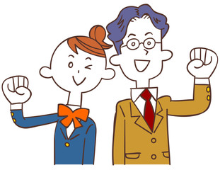 ガッツポーズする青いブレザーの女子学生とベージュのブレザーの男子学生