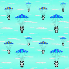 Children's cartoon illustration with brave pandas flying in the blue sky on parachutes, watching the clouds