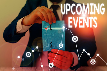 Conceptual hand writing showing Upcoming Events. Concept meaning the approaching planned public or social occasions