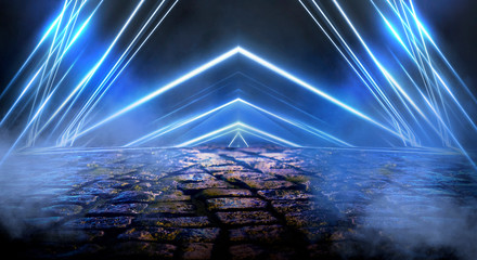 Wet asphalt, reflection of neon lights, a searchlight, smoke. Abstract light in a dark empty street with smoke, smog. Dark background scene of empty street, night view, night city.