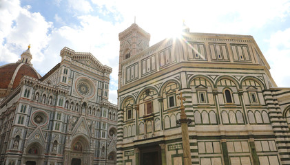 Panoramic view of Florence Cathedral and Baptistery, on sunny day, Tuscany, Italy.