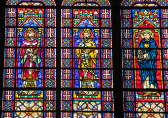 Colorful stained glass windows in  Basilique Saint-Urbain, 13th century gothic church in Troyes,...