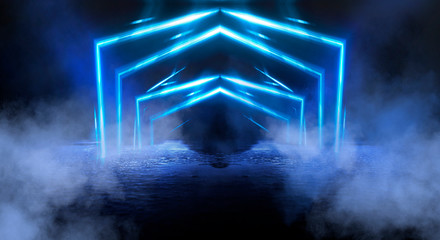 Naklejka premium Wet asphalt, reflection of neon lights, a searchlight, smoke. Abstract light in a dark empty street with smoke, smog. Dark background scene of empty street, night view, night city.