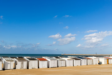 France, Pas de Calais, Calais, beach huts face the sea during a beautiful sunny day