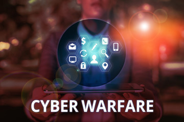 Text sign showing Cyber Warfare. Business photo text Virtual War Hackers System Attacks Digital...