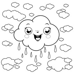 Cute clouds raining at the sky. Vector black and white coloring page