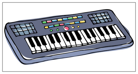 Vector greeting card with synthesizer. Multicolored hand drawn illustration.