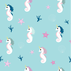 Vector Background Unicorn. Seamless Kids Pattern Seahorse.