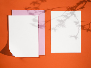 Top view papers on a red background