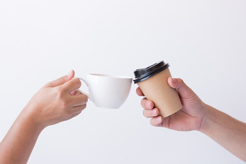 Couple hand holding different hot coffee menu isolated on white background.White and disposable coffee cup for customer in the coffee shop.Different drinking menu concept.