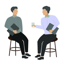 Two business people talking sitting on chairs. Illustration. EPS file. Conversation with a cup of coffee and a laptop. Flat cartoon character isolated on white background