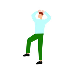 A man stands in green pants. Flat cartoon character isolated on white background.