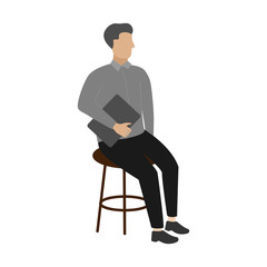 Business man sitting on a chair with a laptop runs with laptop and coffee. Illustration. EPS file. Flat cartoon character isolated on white background