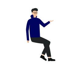 Man in glasses sits. Flat cartoon character isolated on white background.