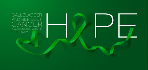 Gallbladder and Bile Duct Cancer Awareness Calligraphy Poster Design. Hope. Realistic Kelly Green Ribbon. February is Gallbladder and Bile Duct Cancer Awareness Month. Vector. Illustration